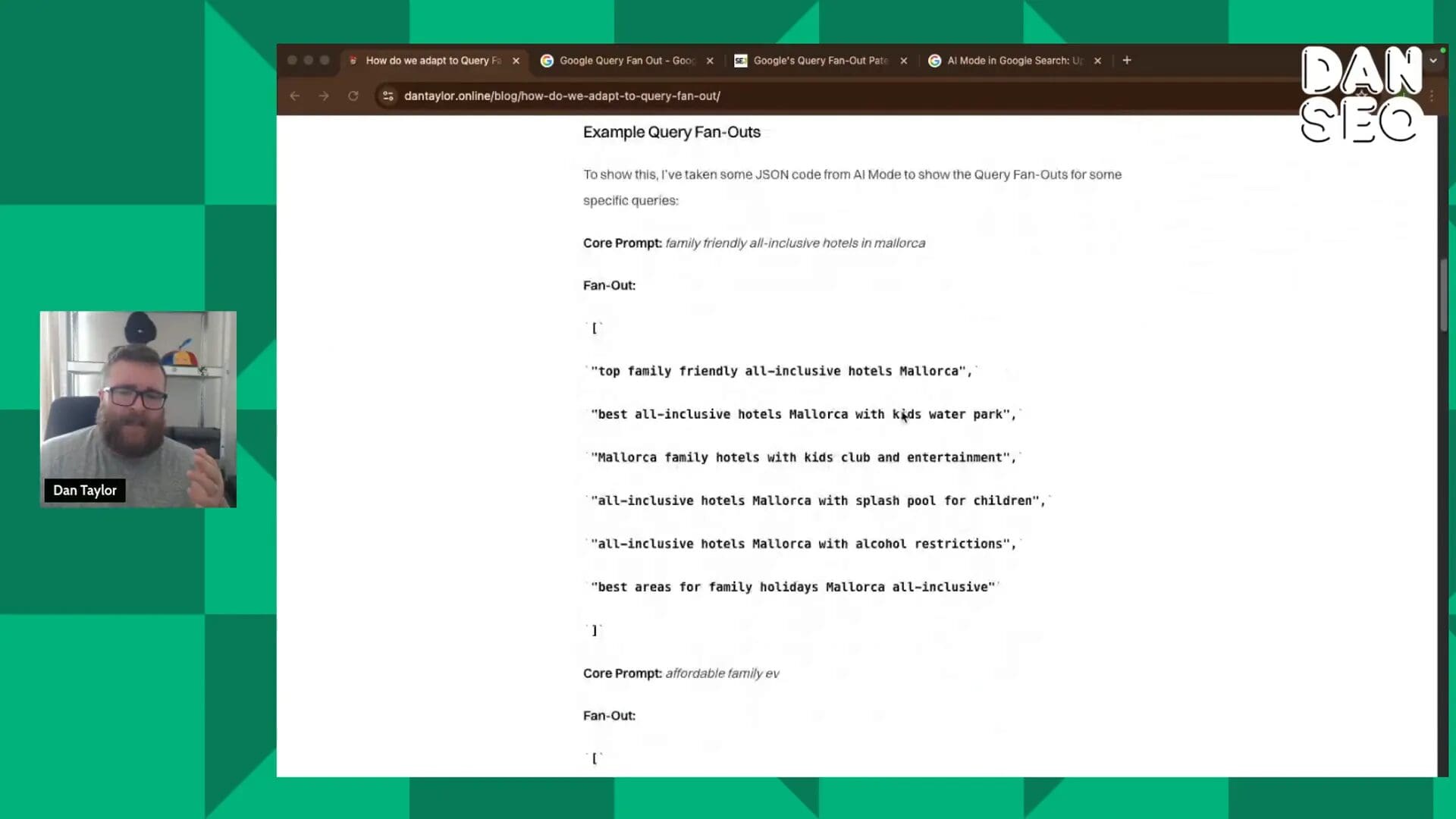 Example of query fan-out with family-friendly hotels in Morca and related subqueries